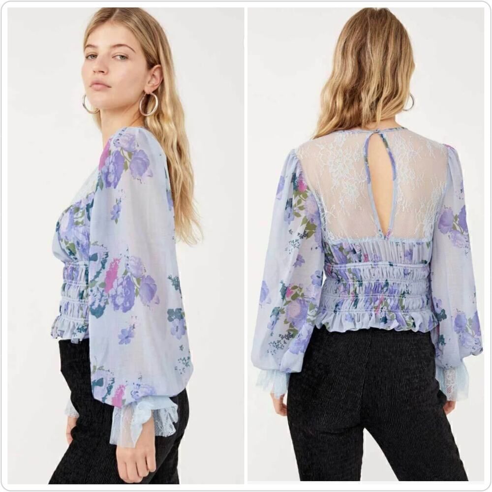 Free People Daphne Blouse floral lace long sleeve sz S